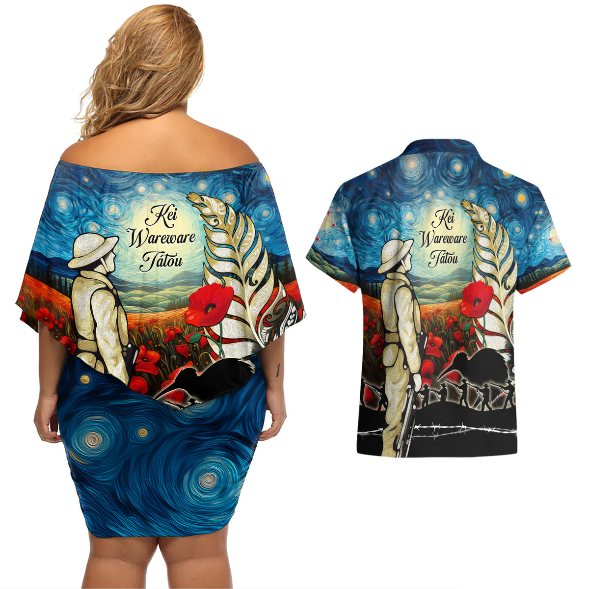 Kei Wareware Tatou New Zealand ANZAC Day Couples Matching Off Shoulder Short Dress and Hawaiian Shirt Starry Night Inspo Style LT05 - Polynesian Pride
