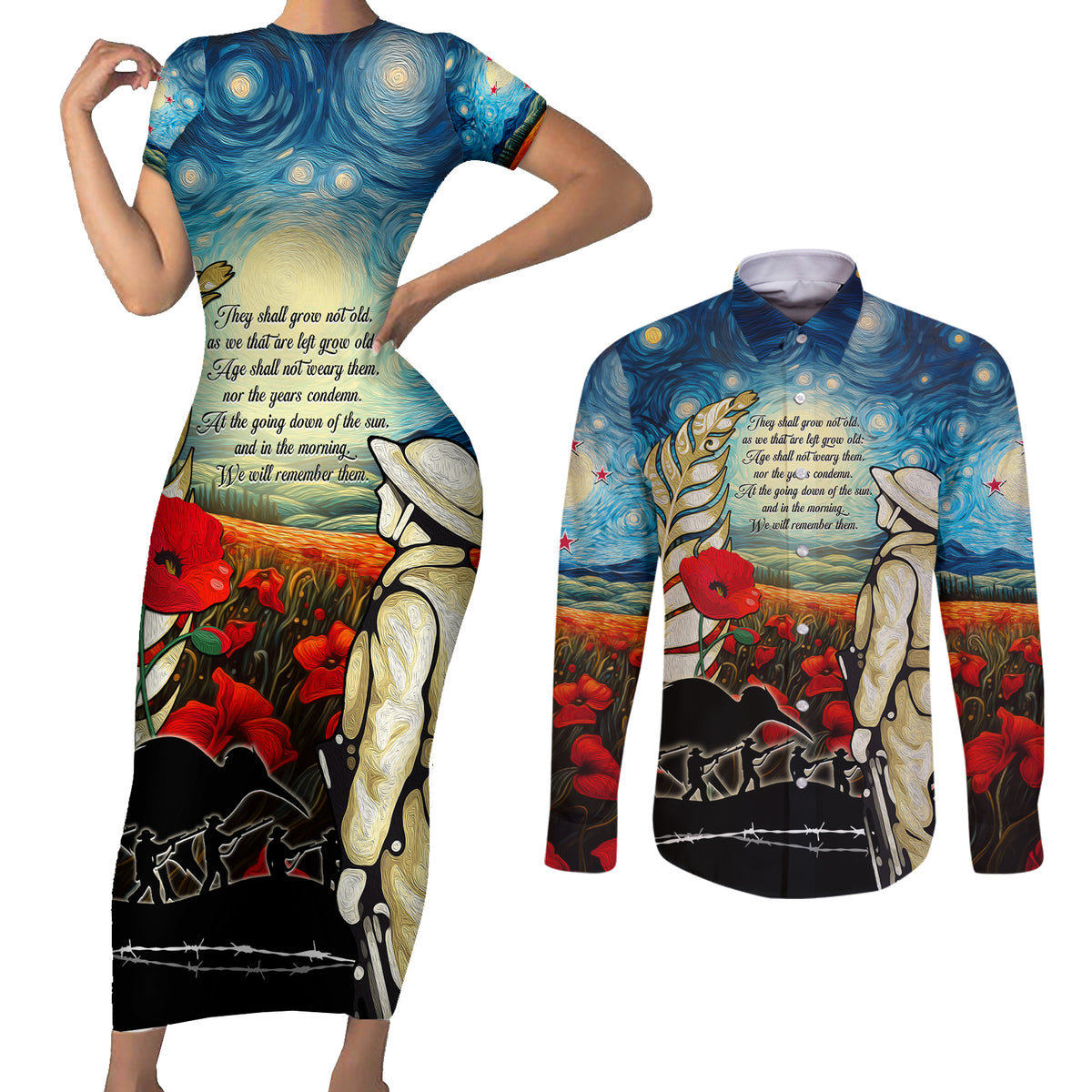 Kei Wareware Tatou New Zealand ANZAC Day Couples Matching Short Sleeve Bodycon Dress and Long Sleeve Button Shirt Starry Night Inspo Style LT05 Blue - Polynesian Pride