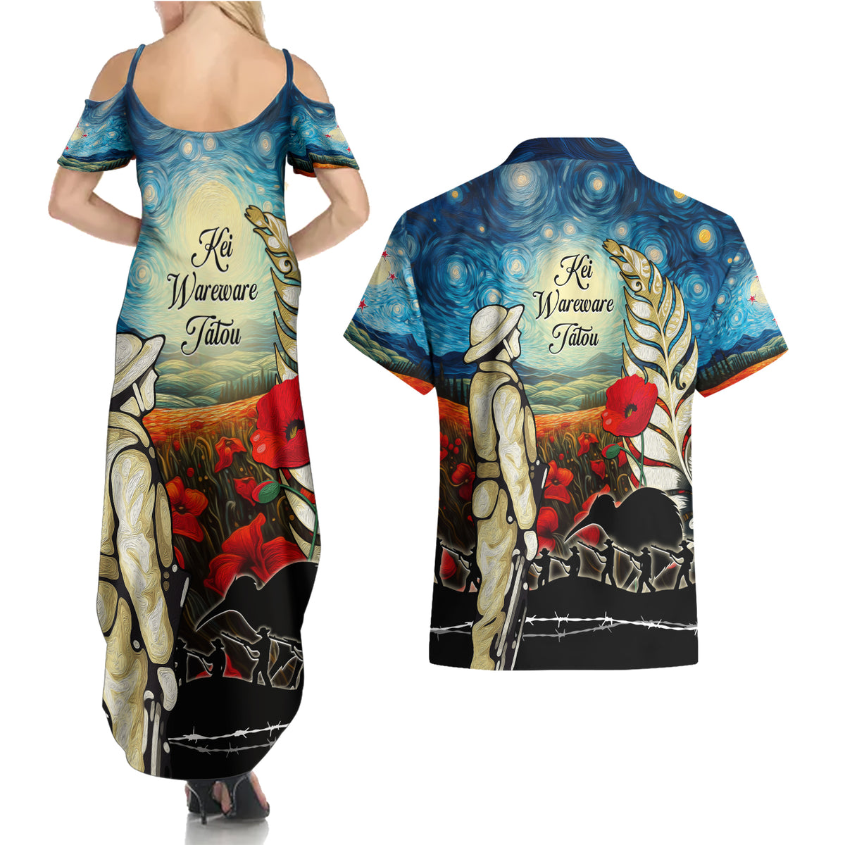 Kei Wareware Tatou New Zealand ANZAC Day Couples Matching Summer Maxi Dress and Hawaiian Shirt Starry Night Inspo Style LT05 - Polynesian Pride