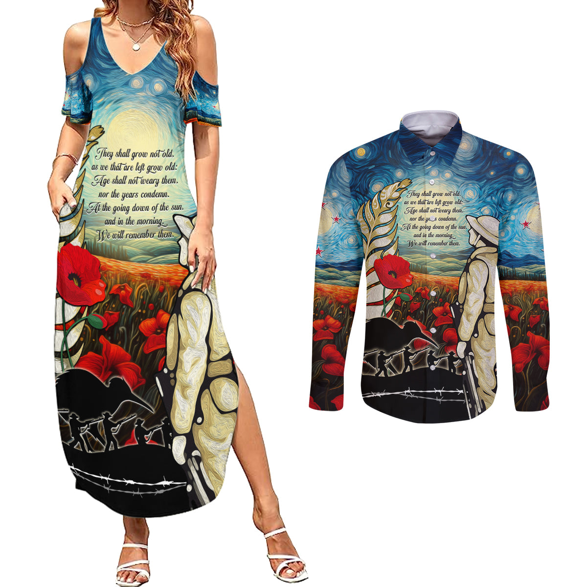 Kei Wareware Tatou New Zealand ANZAC Day Couples Matching Summer Maxi Dress and Long Sleeve Button Shirt Starry Night Inspo Style LT05 Blue - Polynesian Pride