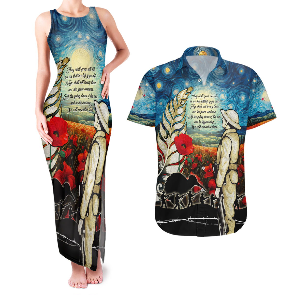 Kei Wareware Tatou New Zealand ANZAC Day Couples Matching Tank Maxi Dress and Hawaiian Shirt Starry Night Inspo Style LT05 Blue - Polynesian Pride