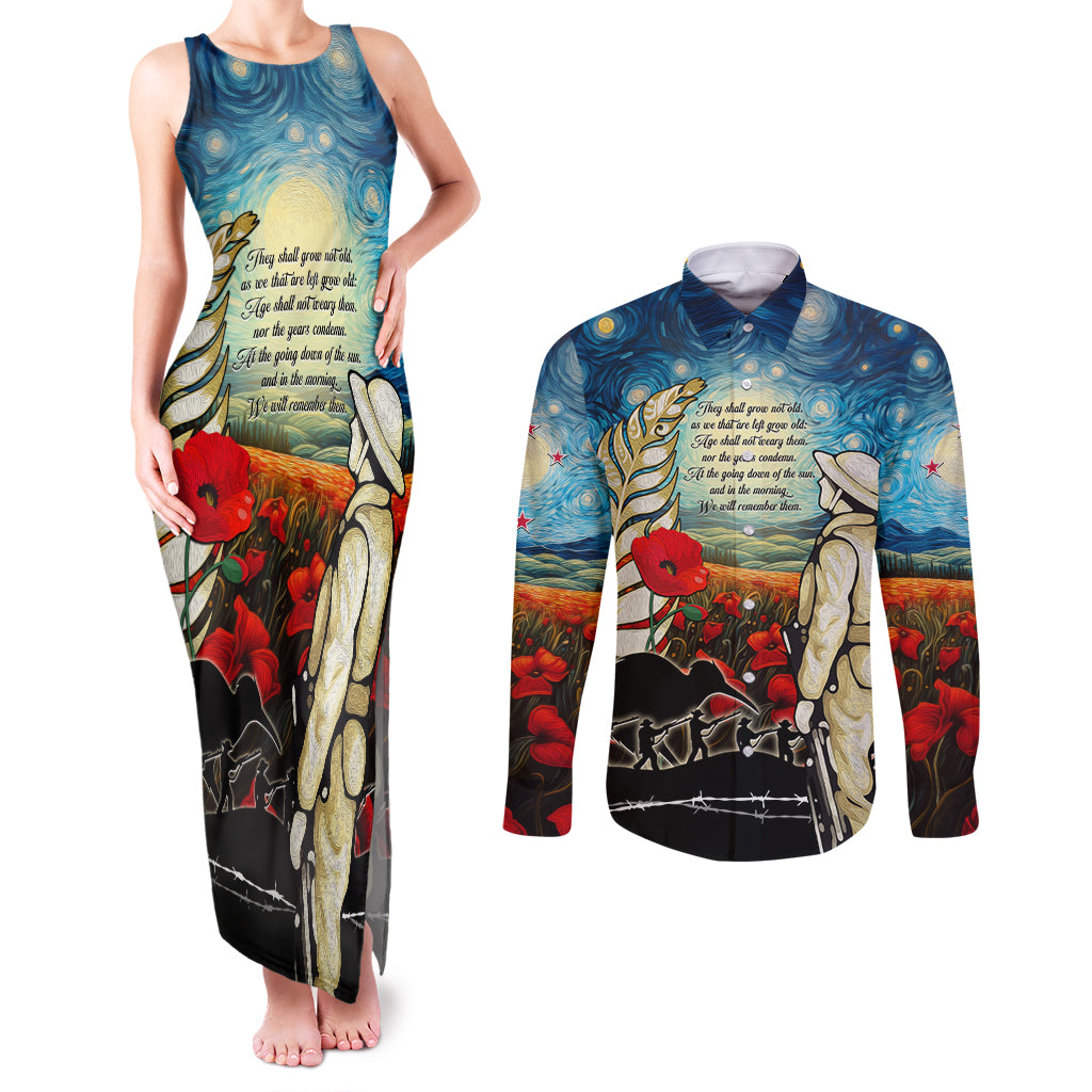 Kei Wareware Tatou New Zealand ANZAC Day Couples Matching Tank Maxi Dress and Long Sleeve Button Shirt Starry Night Inspo Style LT05 Blue - Polynesian Pride