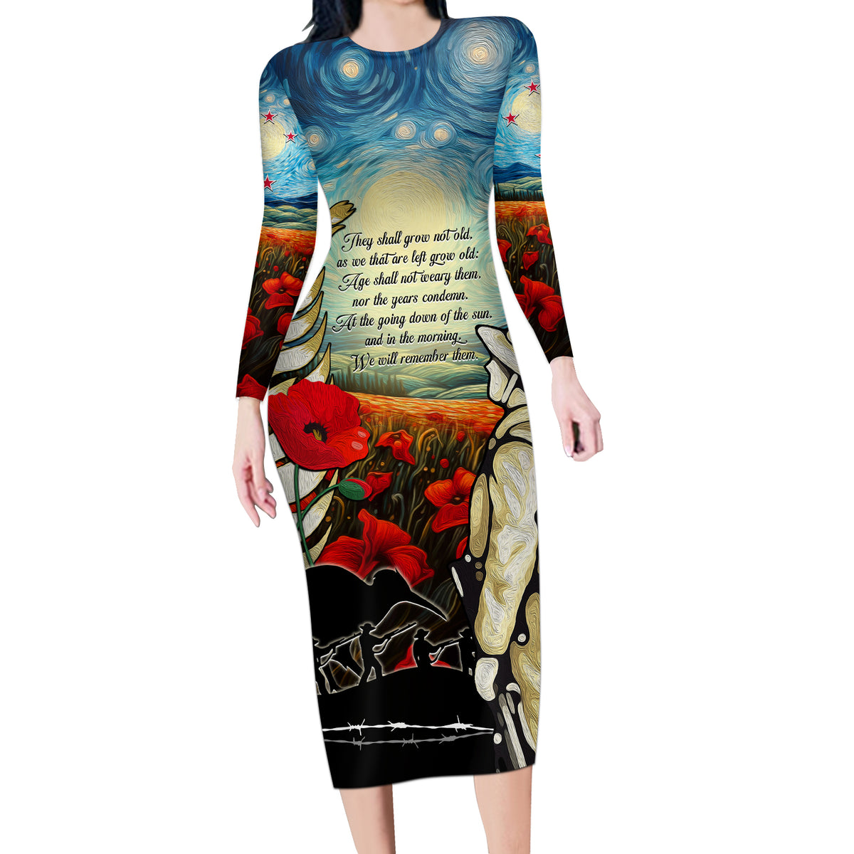 Kei Wareware Tatou New Zealand ANZAC Day Long Sleeve Bodycon Dress Starry Night Inspo Style LT05 Long Dress Blue - Polynesian Pride