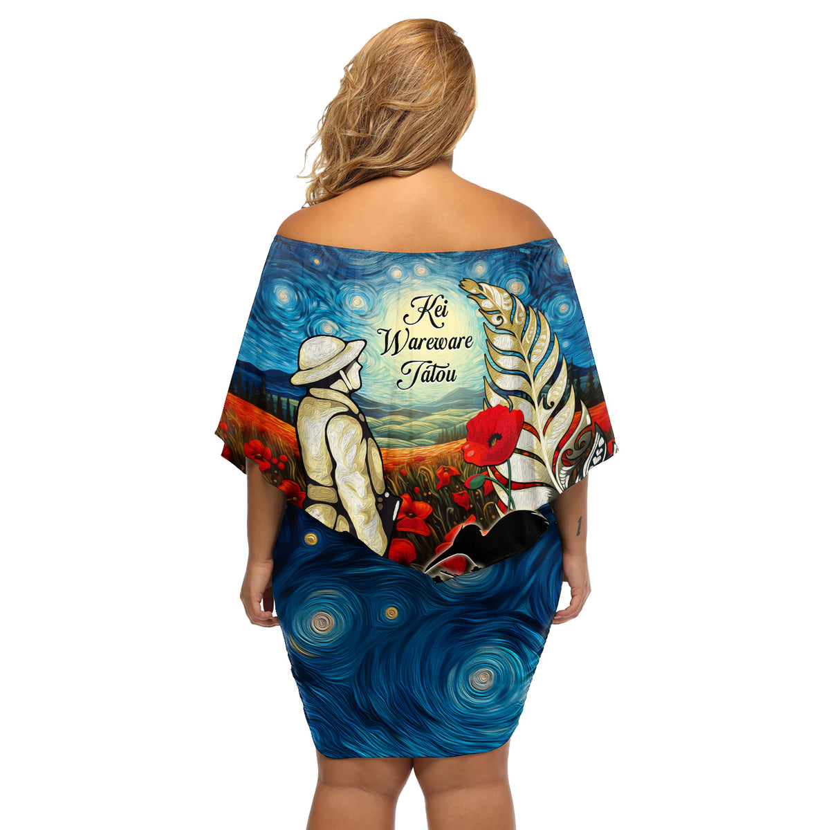 Kei Wareware Tatou New Zealand ANZAC Day Off Shoulder Short Dress Starry Night Inspo Style LT05 - Polynesian Pride