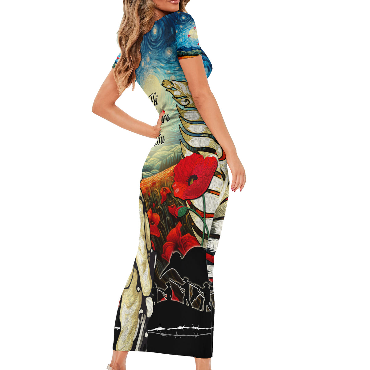 Kei Wareware Tatou New Zealand ANZAC Day Short Sleeve Bodycon Dress Starry Night Inspo Style LT05 - Polynesian Pride