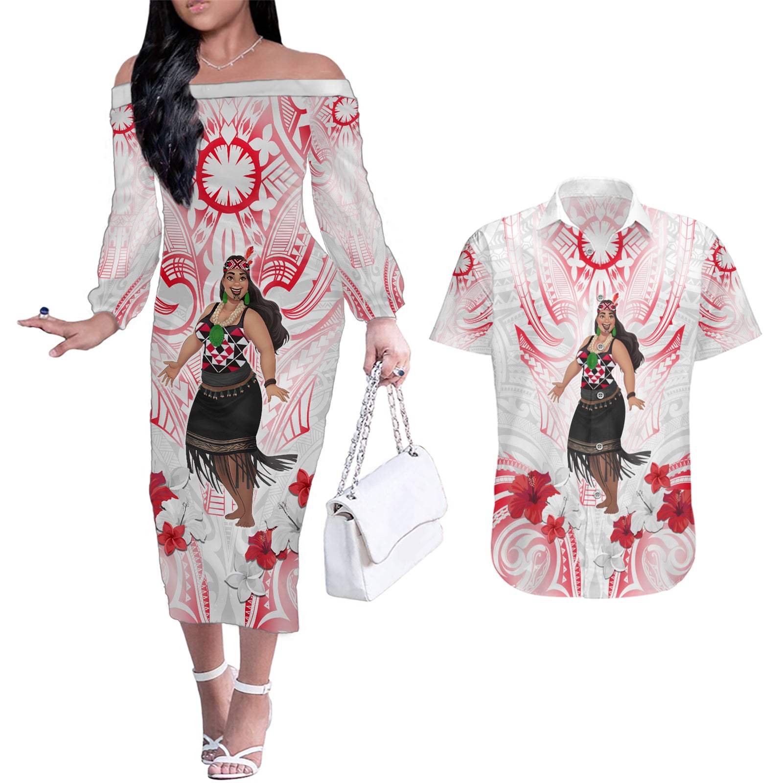 New Zealand Women's Day Couples Matching Off The Shoulder Long Sleeve Dress and Hawaiian Shirt Maori Wahine Polynesian Pattern LT05 White - Polynesian Pride