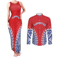 Custom Tuamotu Archipelago Couples Matching Tank Maxi Dress and Long Sleeve Button Shirt Polynesian Tribal Tattoo