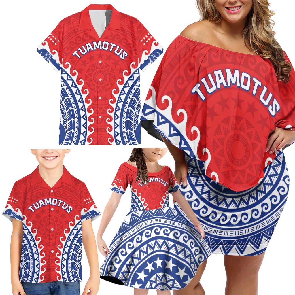 Custom Tuamotu Archipelago Family Matching Off Shoulder Short Dress and Hawaiian Shirt Polynesian Tribal Tattoo