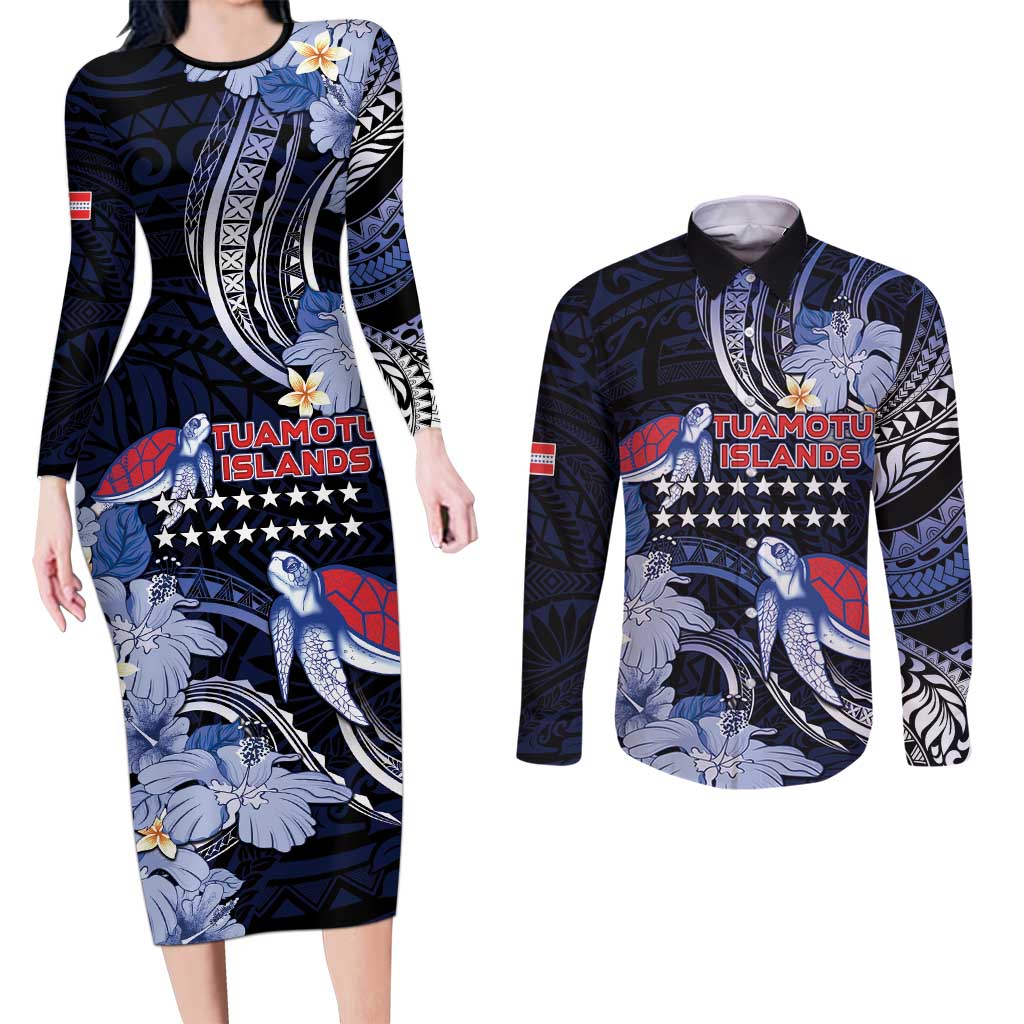 Tuamotu Islands Couples Matching Long Sleeve Bodycon Dress and Long Sleeve Button Shirt Polynesian Pattern With Turtle LT05 Black - Polynesian Pride