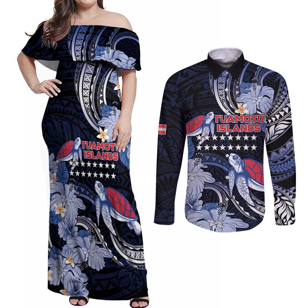 Tuamotu Islands Couples Matching Off Shoulder Maxi Dress and Long Sleeve Button Shirt Polynesian Pattern With Turtle