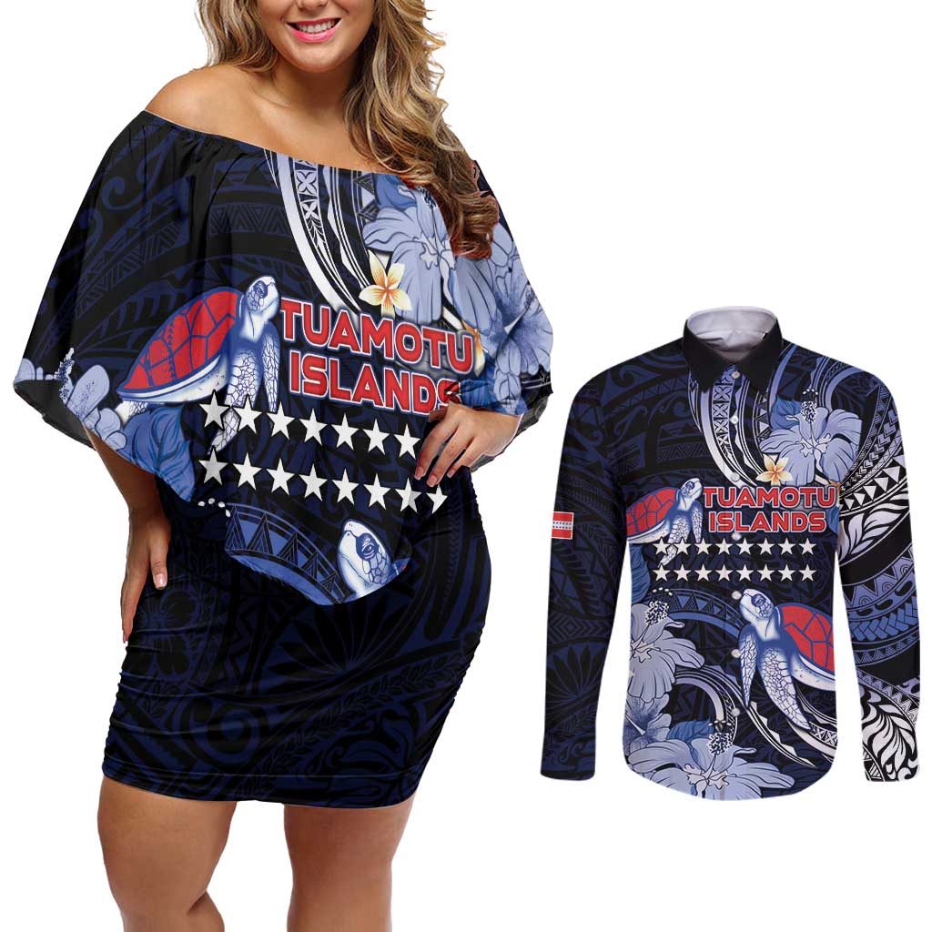 Tuamotu Islands Couples Matching Off Shoulder Short Dress and Long Sleeve Button Shirt Polynesian Pattern With Turtle LT05 Black - Polynesian Pride