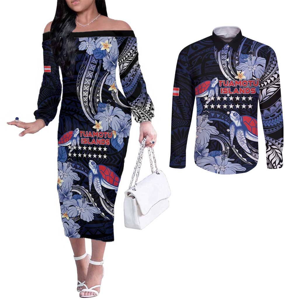 Tuamotu Islands Couples Matching Off The Shoulder Long Sleeve Dress and Long Sleeve Button Shirt Polynesian Pattern With Turtle LT05 Black - Polynesian Pride