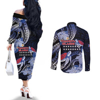 Tuamotu Islands Couples Matching Off The Shoulder Long Sleeve Dress and Long Sleeve Button Shirt Polynesian Pattern With Turtle LT05 - Polynesian Pride
