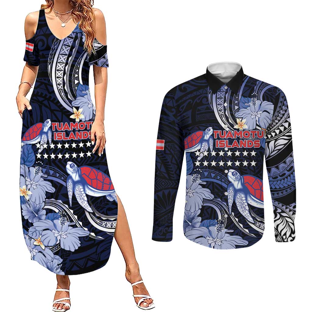 Tuamotu Islands Couples Matching Summer Maxi Dress and Long Sleeve Button Shirt Polynesian Pattern With Turtle LT05 Black - Polynesian Pride