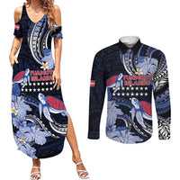 Tuamotu Islands Couples Matching Summer Maxi Dress and Long Sleeve Button Shirt Polynesian Pattern With Turtle