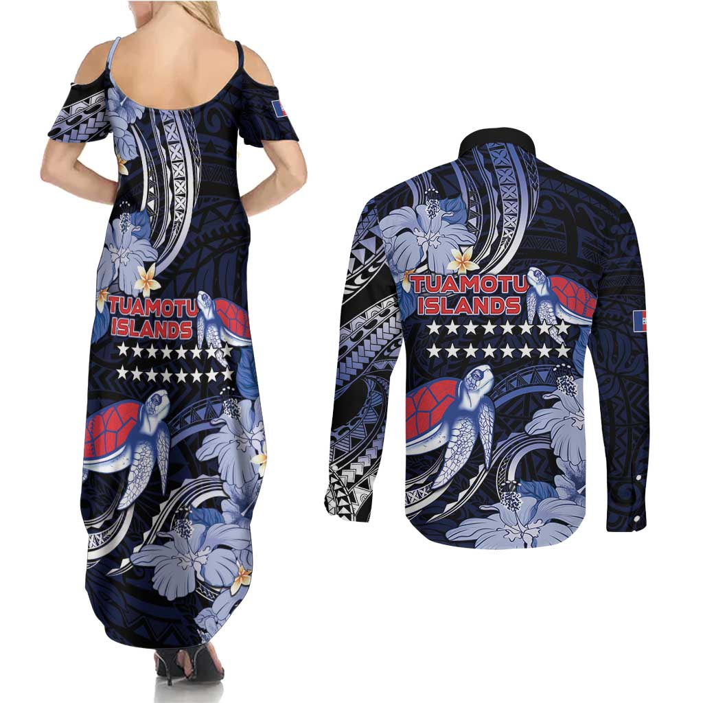 Tuamotu Islands Couples Matching Summer Maxi Dress and Long Sleeve Button Shirt Polynesian Pattern With Turtle