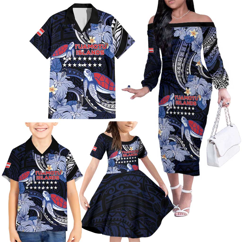 Tuamotu Islands Family Matching Off The Shoulder Long Sleeve Dress and Hawaiian Shirt Polynesian Pattern With Turtle