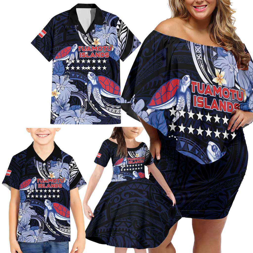 Tuamotu Islands Family Matching Off Shoulder Short Dress and Hawaiian Shirt Polynesian Pattern With Turtle LT05 - Polynesian Pride