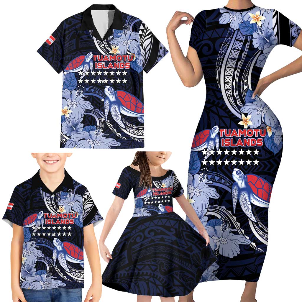 Tuamotu Islands Family Matching Short Sleeve Bodycon Dress and Hawaiian Shirt Polynesian Pattern With Turtle