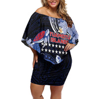Tuamotu Islands Off Shoulder Short Dress Polynesian Pattern With Turtle LT05 Women Black - Polynesian Pride