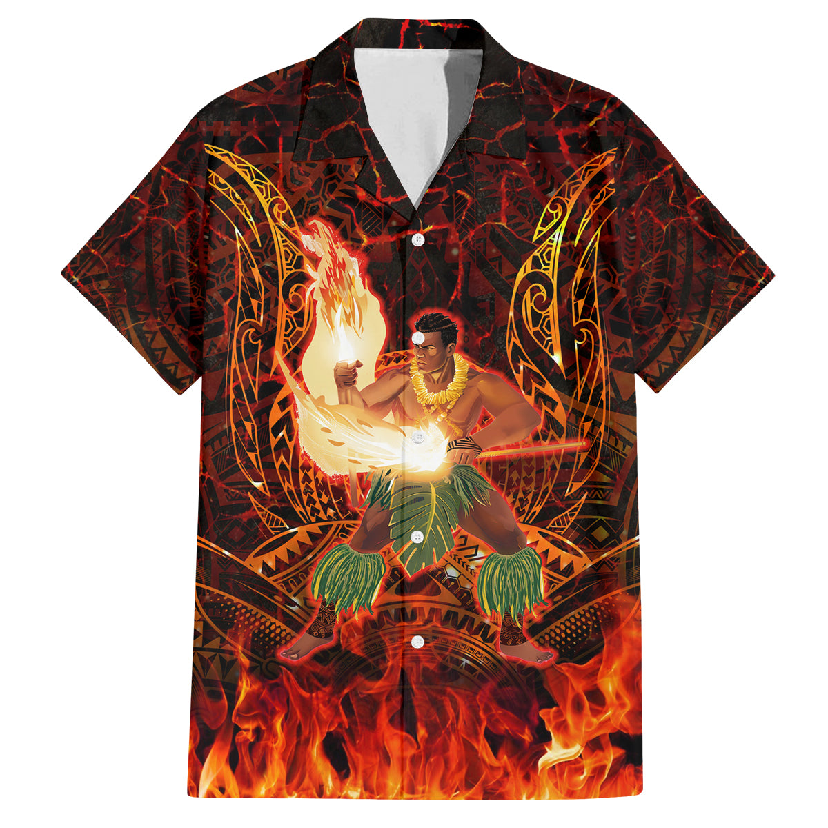Samoa Siva Afi Festival Family Matching Long Sleeve Bodycon Dress and Hawaiian Shirt Fire Knife Dancing LT05 Dad's Shirt - Short Sleeve Green - Polynesian Pride