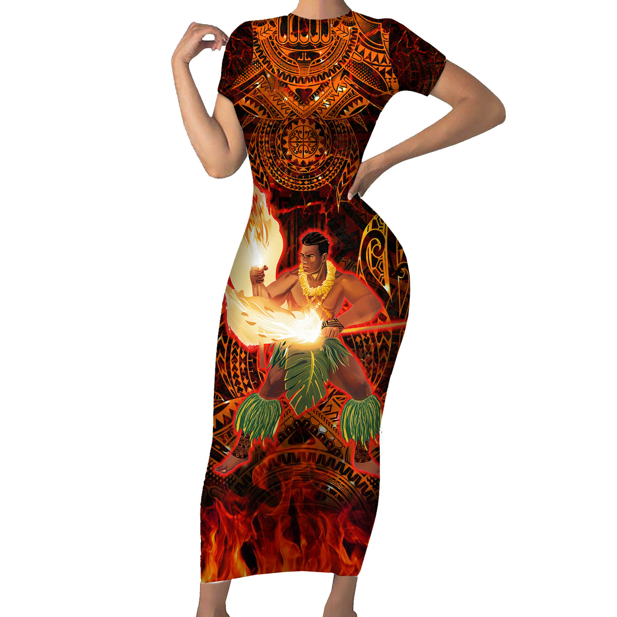 Samoa Siva Afi Festival Short Sleeve Bodycon Dress Fire Knife Dancing