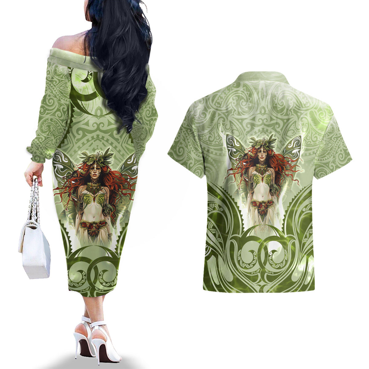 New Zealand Maori Fairy Patupaiarehe Couples Matching Off The Shoulder Long Sleeve Dress and Hawaiian Shirt Polynesian Style LT05 - Polynesian Pride