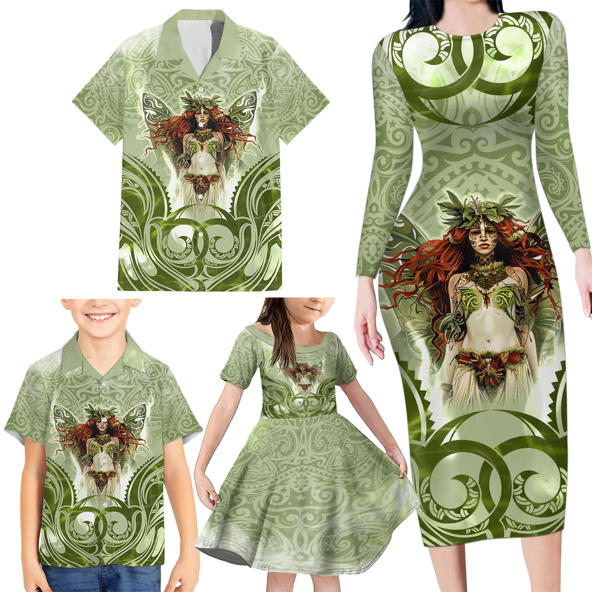 New Zealand Maori Fairy Patupaiarehe Family Matching Long Sleeve Bodycon Dress and Hawaiian Shirt Polynesian Style LT05 - Polynesian Pride