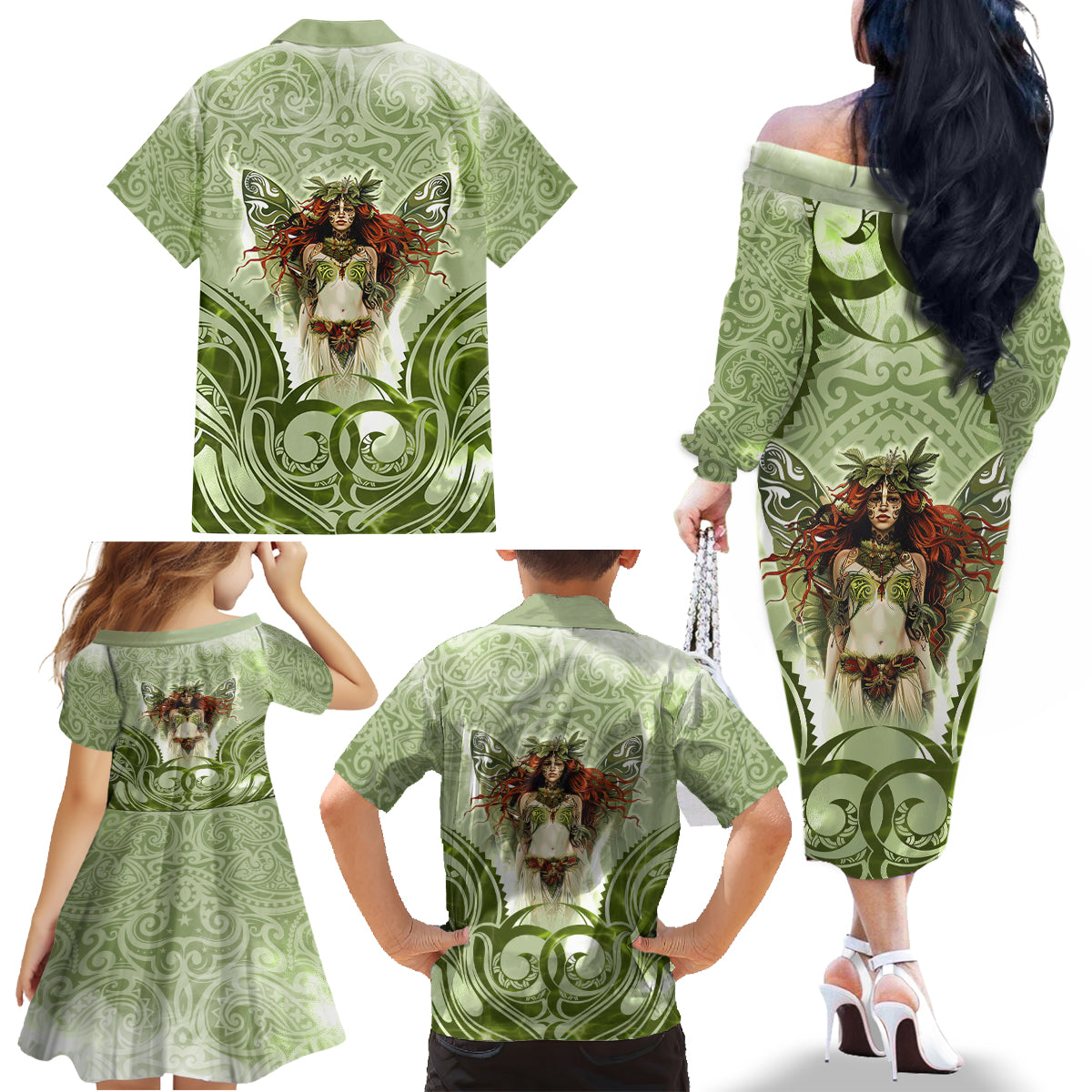 New Zealand Maori Fairy Patupaiarehe Family Matching Off Shoulder Long Sleeve Dress and Hawaiian Shirt Polynesian Style LT05 - Polynesian Pride