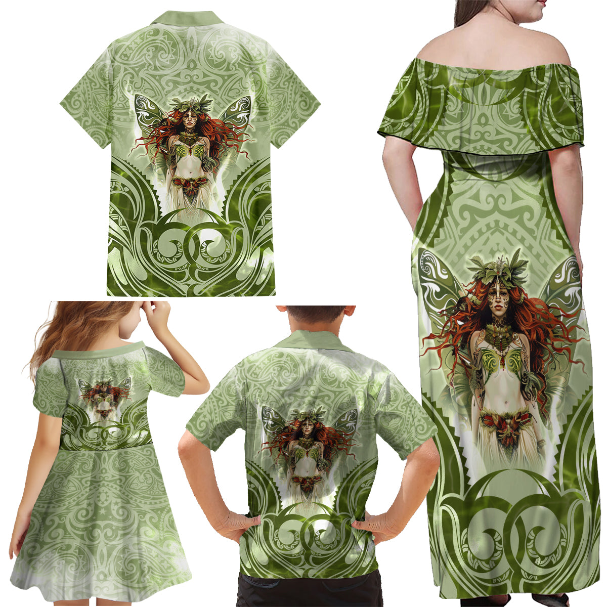 New Zealand Maori Fairy Patupaiarehe Family Matching Off Shoulder Maxi Dress and Hawaiian Shirt Polynesian Style LT05 - Polynesian Pride