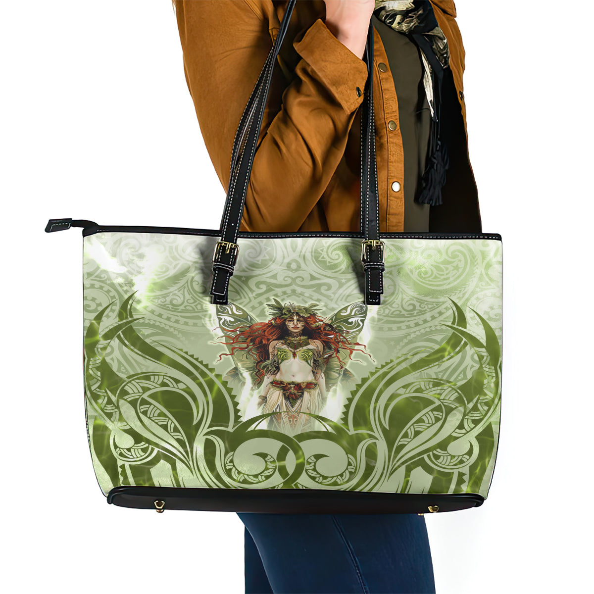 New Zealand Maori Fairy Patupaiarehe Leather Tote Bag Polynesian Style