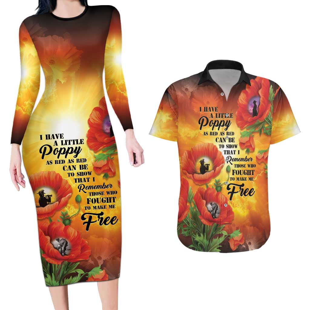 ANZAC Day Red Poppy Couples Matching Long Sleeve Bodycon Dress and Hawaiian Shirt Honoring The ANZAC Spirit