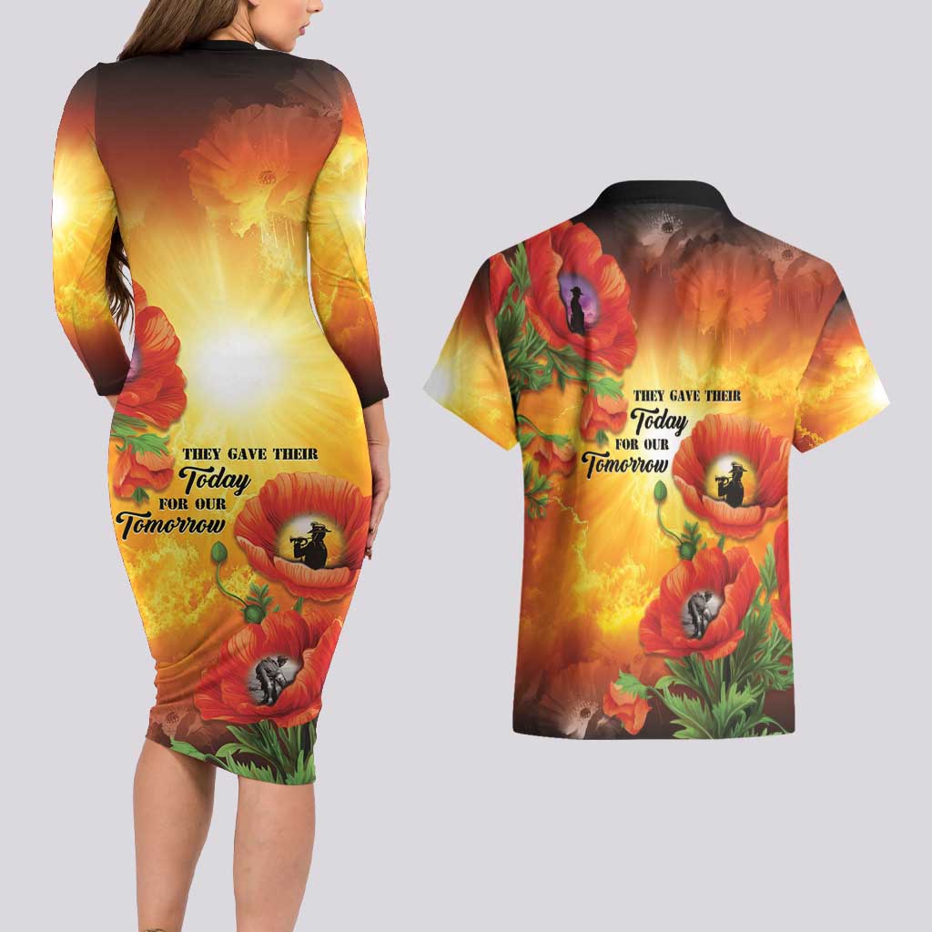 ANZAC Day Red Poppy Couples Matching Long Sleeve Bodycon Dress and Hawaiian Shirt Honoring The ANZAC Spirit