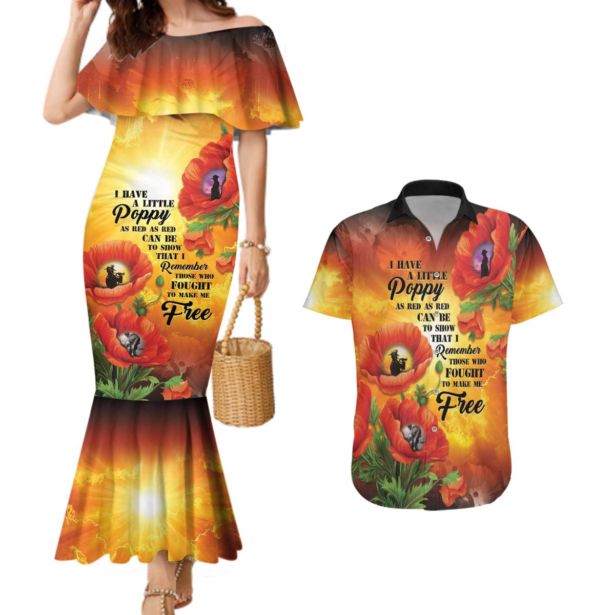 ANZAC Day Red Poppy Couples Matching Mermaid Dress and Hawaiian Shirt Honoring The ANZAC Spirit