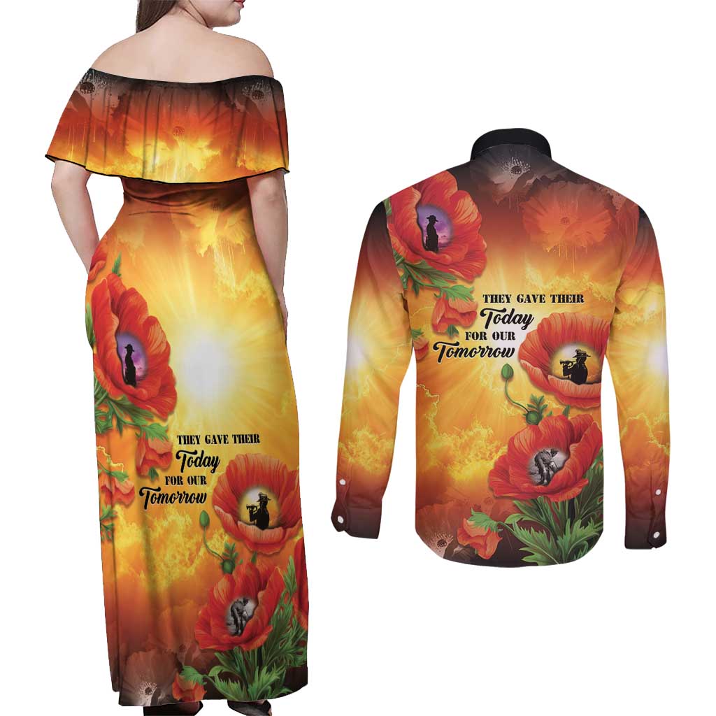 ANZAC Day Red Poppy Couples Matching Off Shoulder Maxi Dress and Long Sleeve Button Shirt Honoring The ANZAC Spirit