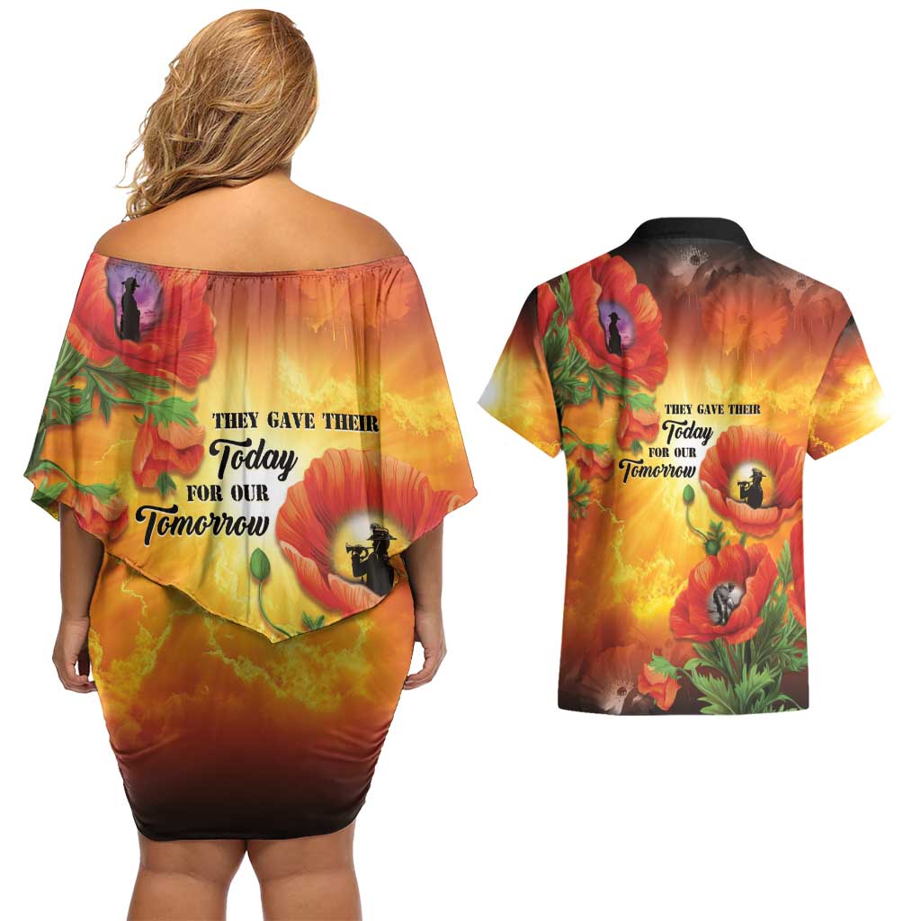 ANZAC Day Red Poppy Couples Matching Off Shoulder Short Dress and Hawaiian Shirt Honoring The ANZAC Spirit