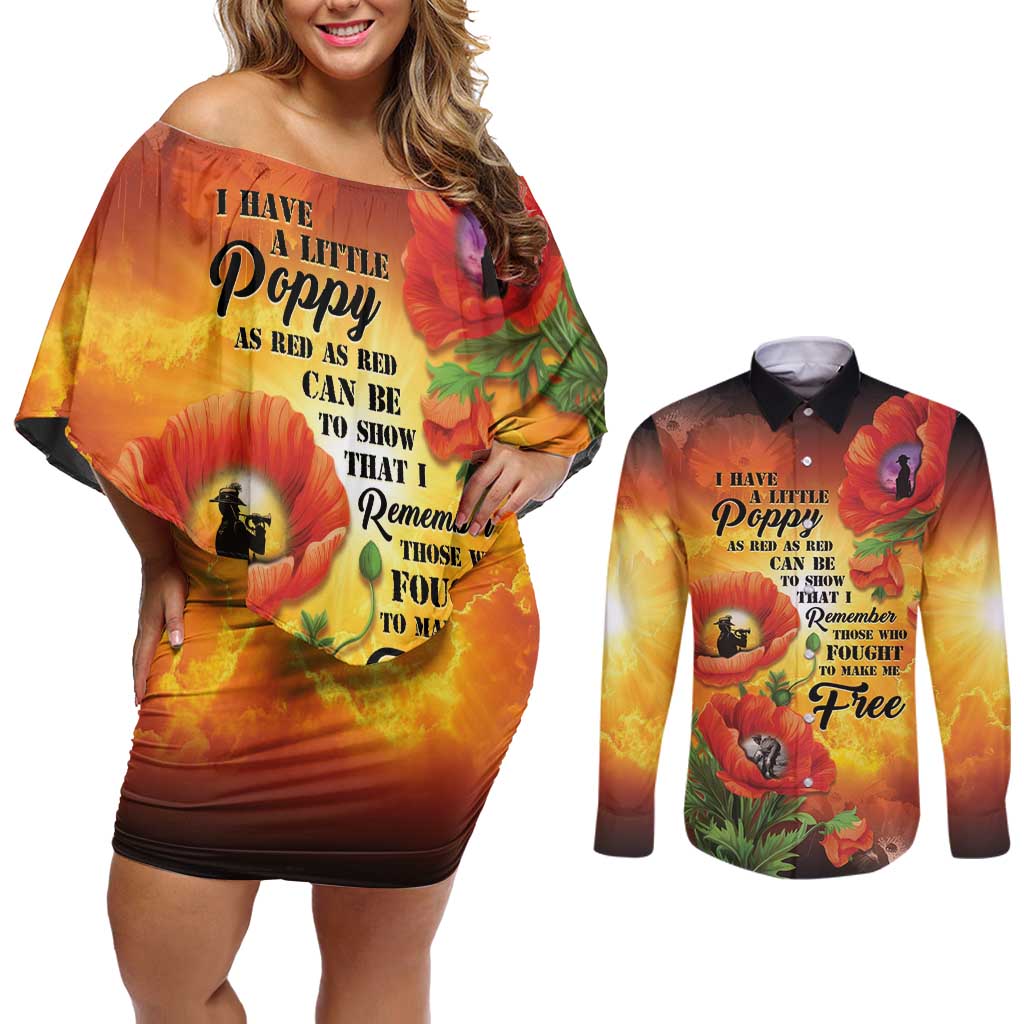 ANZAC Day Red Poppy Couples Matching Off Shoulder Short Dress and Long Sleeve Button Shirt Honoring The ANZAC Spirit