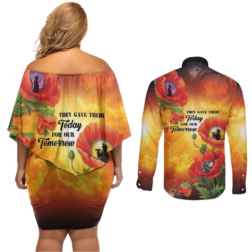 ANZAC Day Red Poppy Couples Matching Off Shoulder Short Dress and Long Sleeve Button Shirt Honoring The ANZAC Spirit