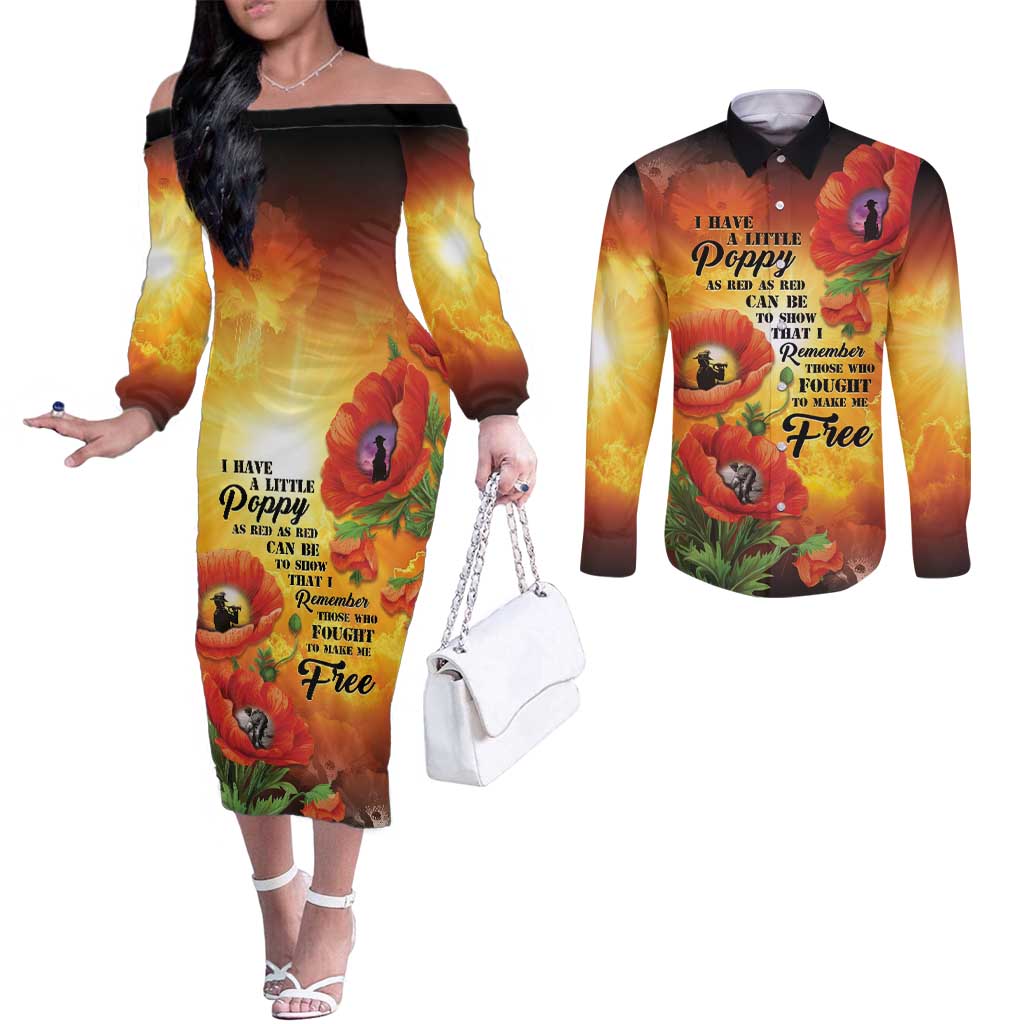 ANZAC Day Red Poppy Couples Matching Off The Shoulder Long Sleeve Dress and Long Sleeve Button Shirt Honoring The ANZAC Spirit