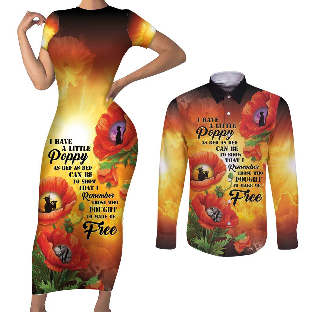 ANZAC Day Red Poppy Couples Matching Short Sleeve Bodycon Dress and Long Sleeve Button Shirt Honoring The ANZAC Spirit