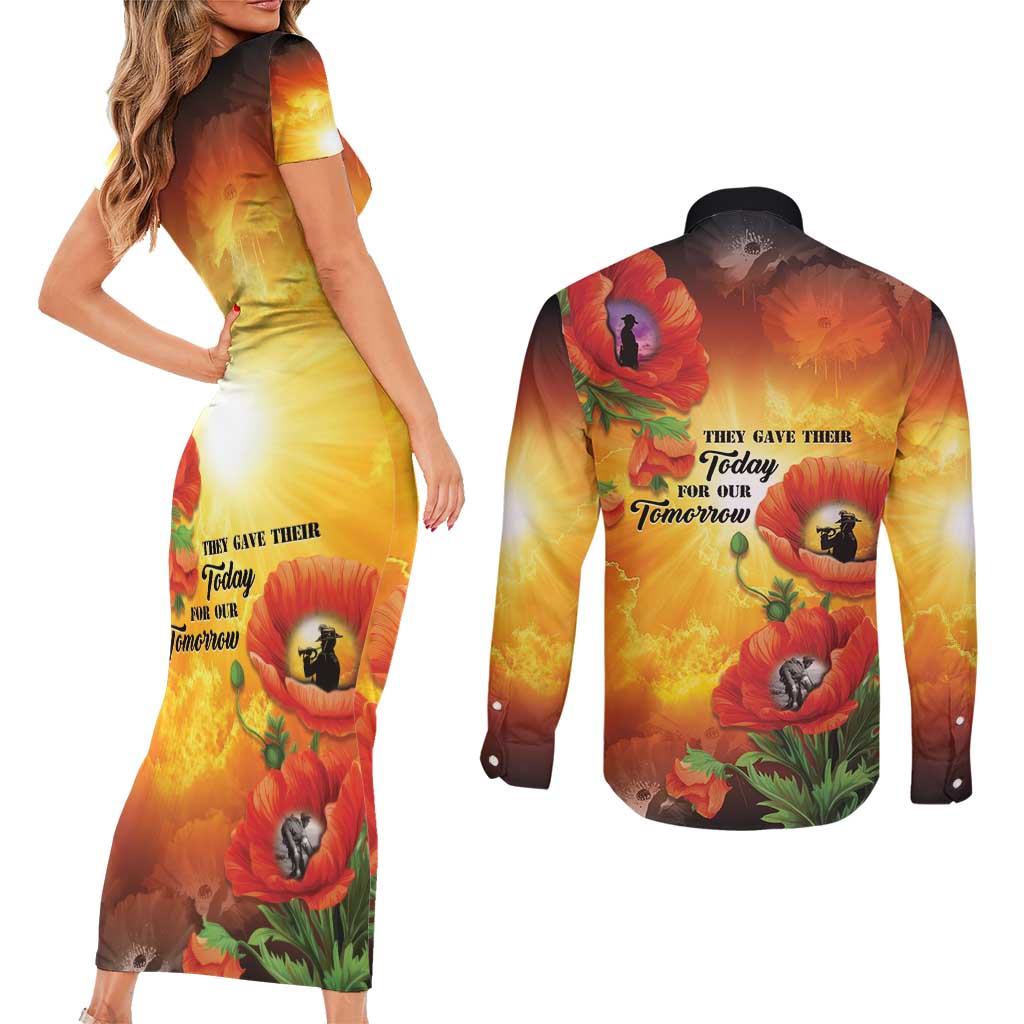 ANZAC Day Red Poppy Couples Matching Short Sleeve Bodycon Dress and Long Sleeve Button Shirt Honoring The ANZAC Spirit