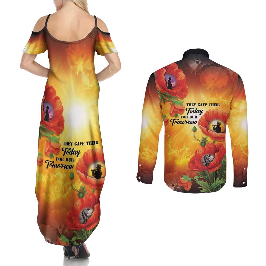 ANZAC Day Red Poppy Couples Matching Summer Maxi Dress and Long Sleeve Button Shirt Honoring The ANZAC Spirit
