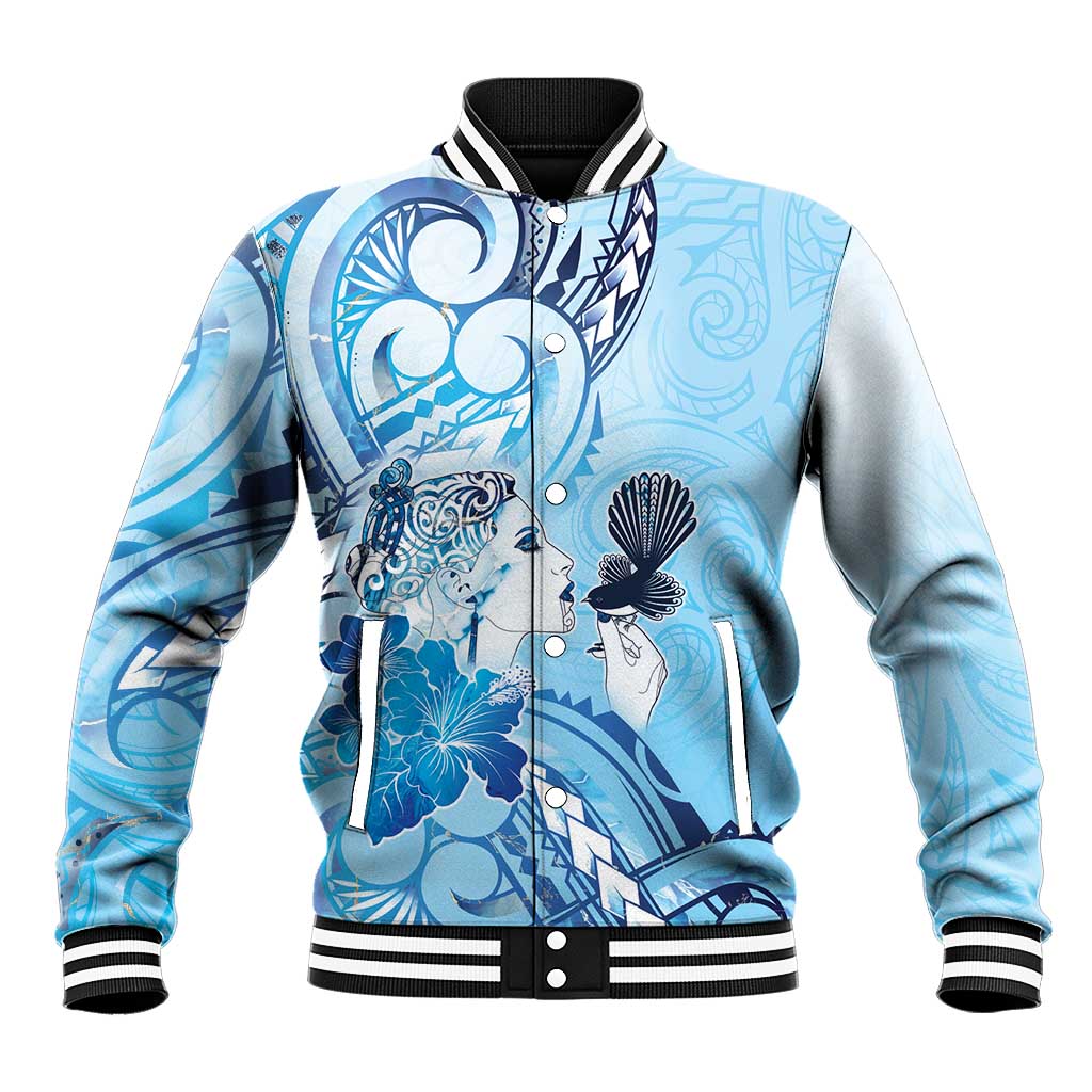 Aotearoa Maori Wahine Baseball Jacket Fantail Bird Blue Gold Marble LT05 Unisex Blue - Polynesian Pride