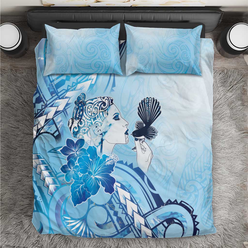 Aotearoa Maori Wahine Bedding Set Fantail Bird Blue Gold Marble LT05 Blue - Polynesian Pride