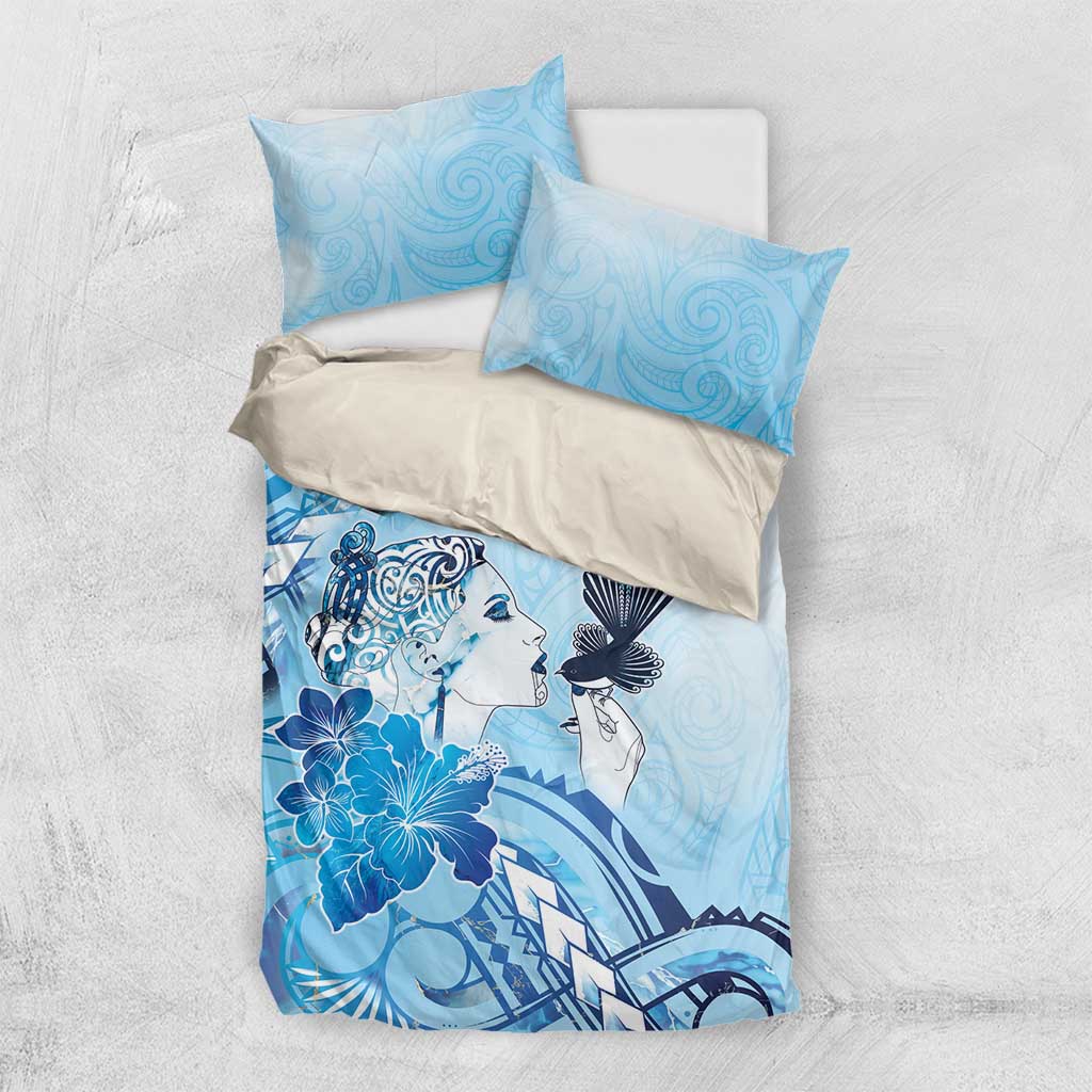 Aotearoa Maori Wahine Bedding Set Fantail Bird Blue Gold Marble