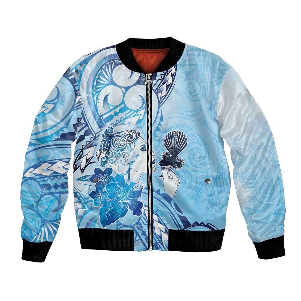 Aotearoa Maori Wahine Bomber Jacket Fantail Bird Blue Gold Marble LT05 Unisex Blue - Polynesian Pride