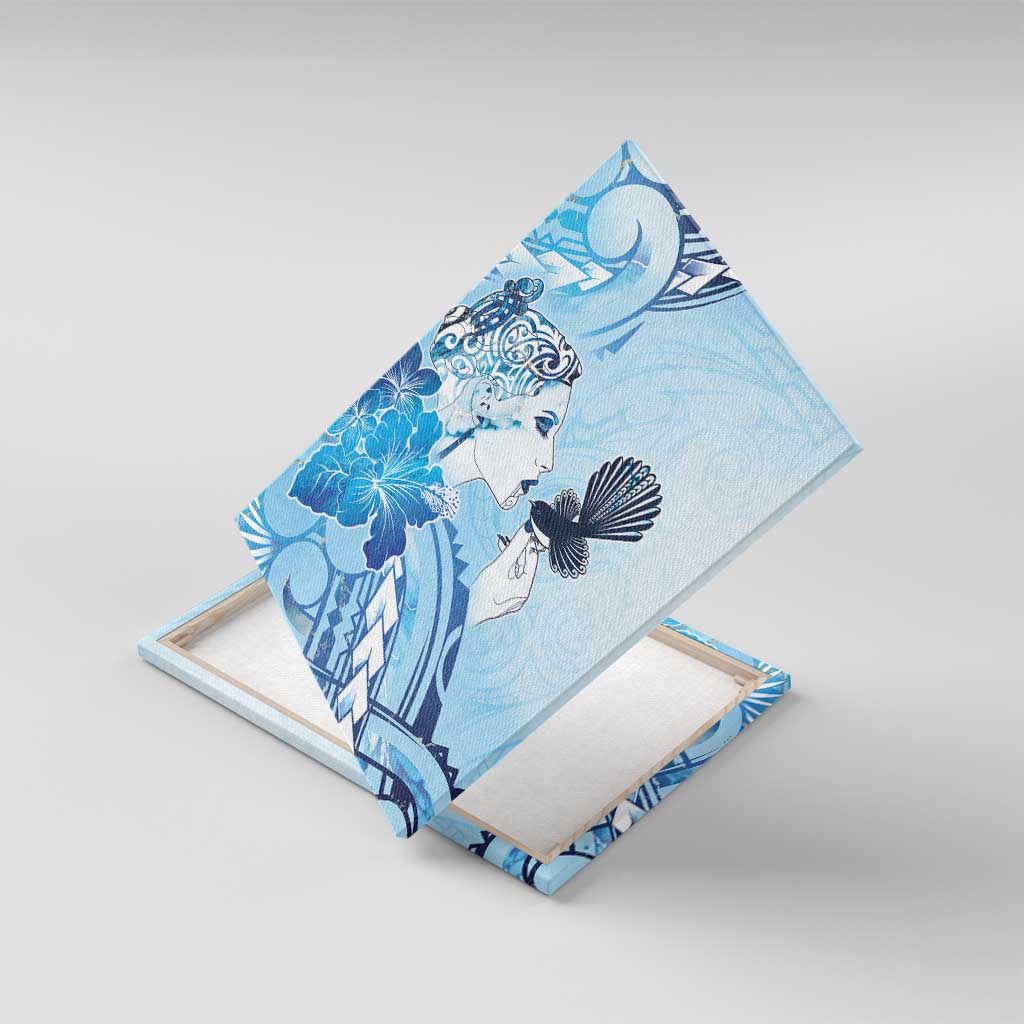 Aotearoa Maori Wahine Canvas Wall Art Fantail Bird Blue Gold Marble
