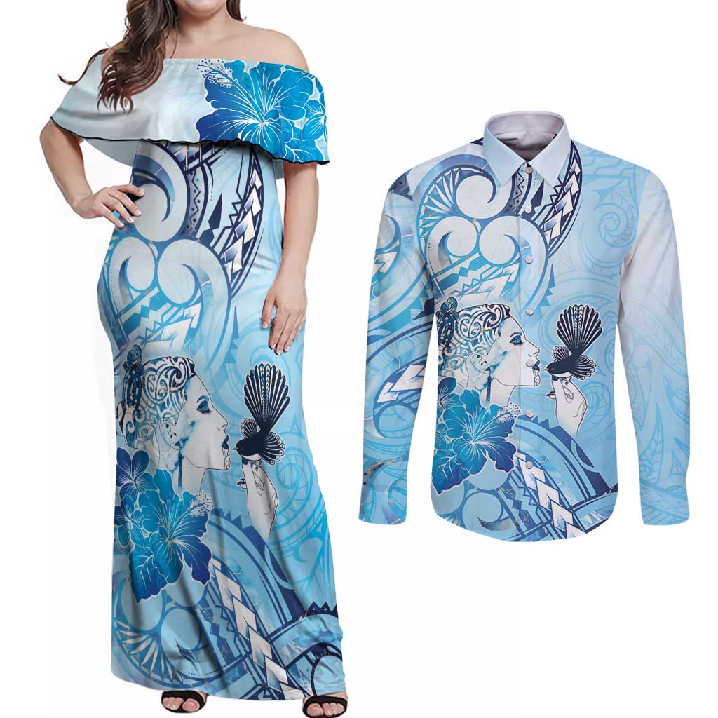 Aotearoa Maori Wahine Couples Matching Off Shoulder Maxi Dress and Long Sleeve Button Shirt Fantail Bird Blue Gold Marble