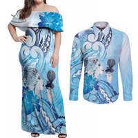 Aotearoa Maori Wahine Couples Matching Off Shoulder Maxi Dress and Long Sleeve Button Shirt Fantail Bird Blue Gold Marble