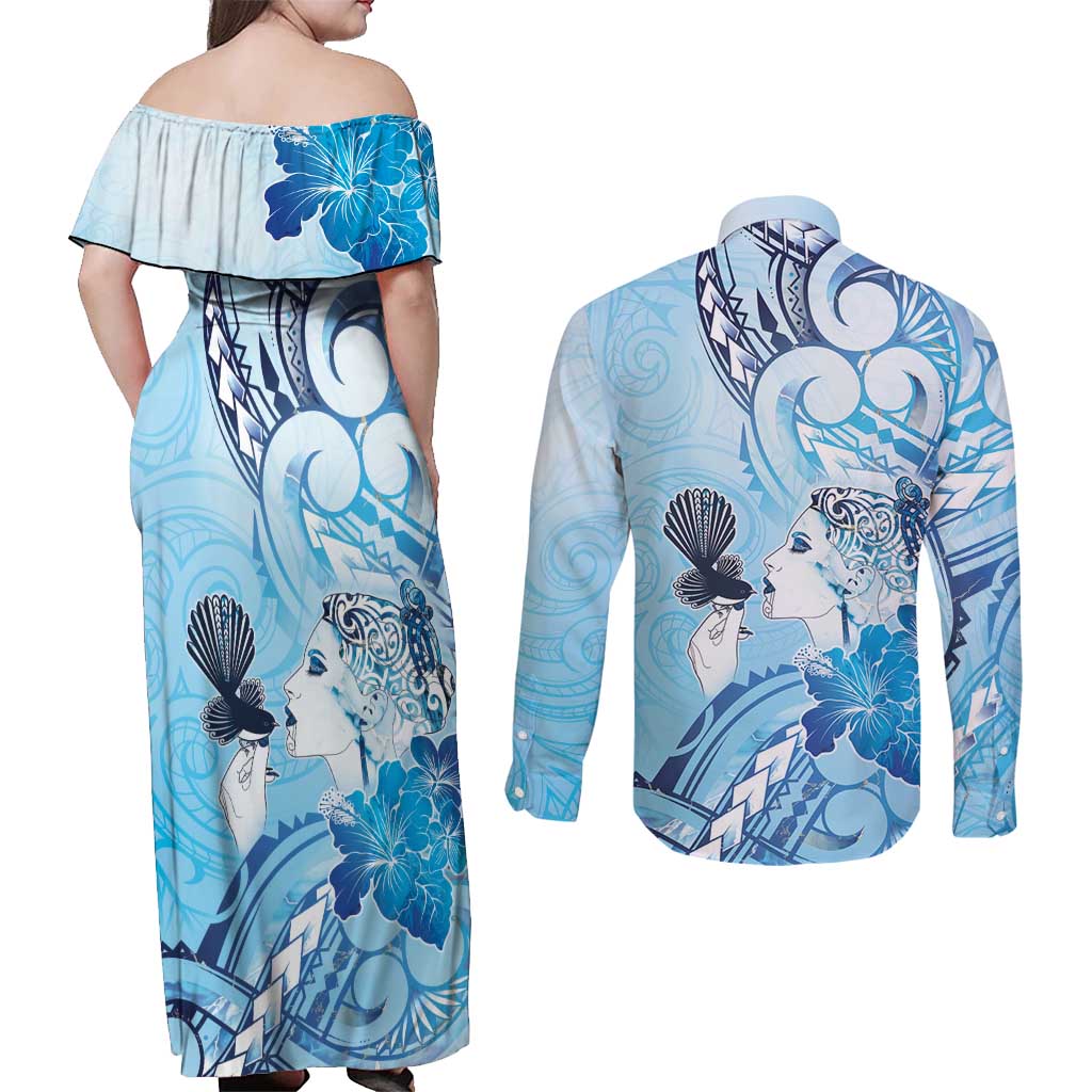 Aotearoa Maori Wahine Couples Matching Off Shoulder Maxi Dress and Long Sleeve Button Shirt Fantail Bird Blue Gold Marble